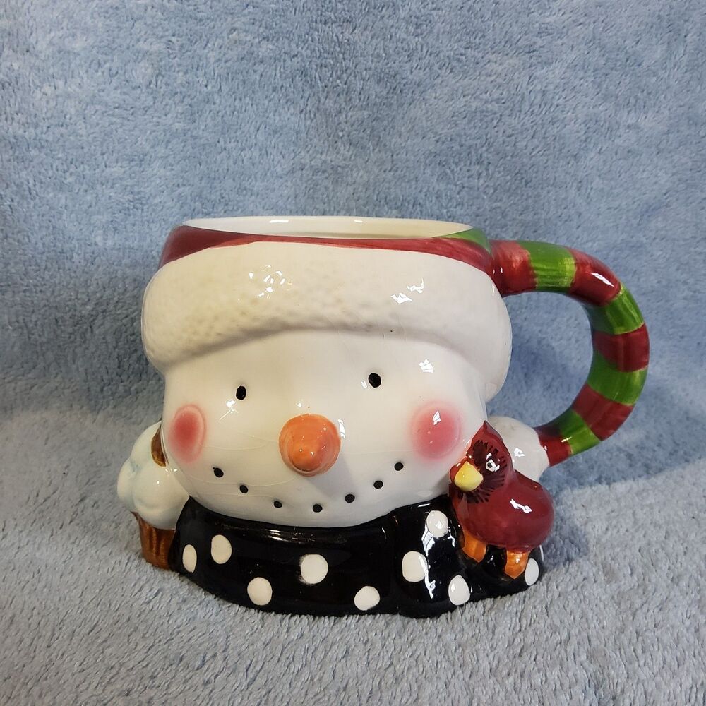 Jay Imports Christmas Snowman Coffee Mug 3D Cardinal Red Green Striped Handle